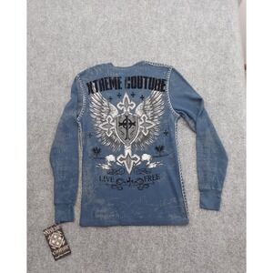 Xtreme Couture Shirt Medium‎ Blue Graphic Wings Cross Grothic Grunge Thermal